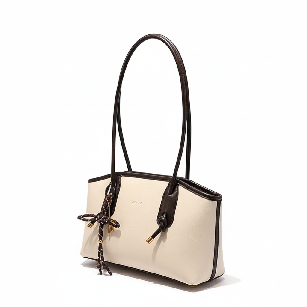 Двухцветная сумка бежевая с коричневым на белом фоне